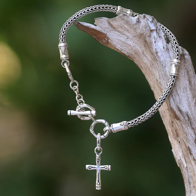 Best bangle bracelets with braided designs for a textured and sophisticated look-Bamboo Spiritual Hand Crafted Sterling Silver Cross Charm Bracelet from Bali