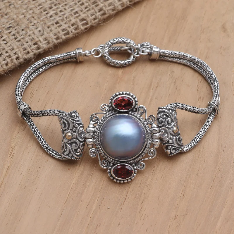 Bangle bracelets with gold and silver mixed metals for a stylish and versatile accessory-Beach House Gold-Accented Mabe Pearl and Garnet Pendant Bracelet