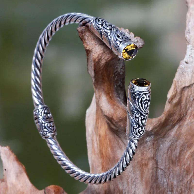 Sleek bangle bracelets with black enamel for a sophisticated and modern look-Beacon of Light Sterling Silver Hinged Cuff Bracelet with Citrines