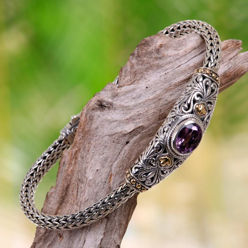 Wide metal bangle bracelets with engraved patterns for a luxurious and intricate look-Bedugul Garden Handcrafted Balinese Gold Accent Silver Amethyst Bracelet