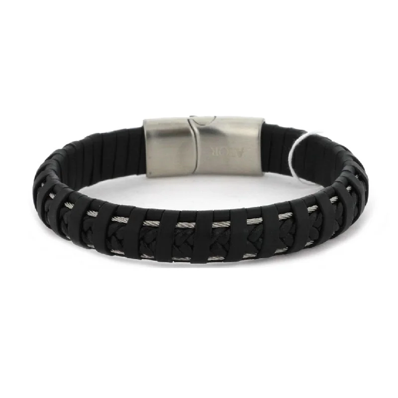 Colorful bangle bracelets with enamel details for a playful and youthful style-Black Leather & Cable Bracelet