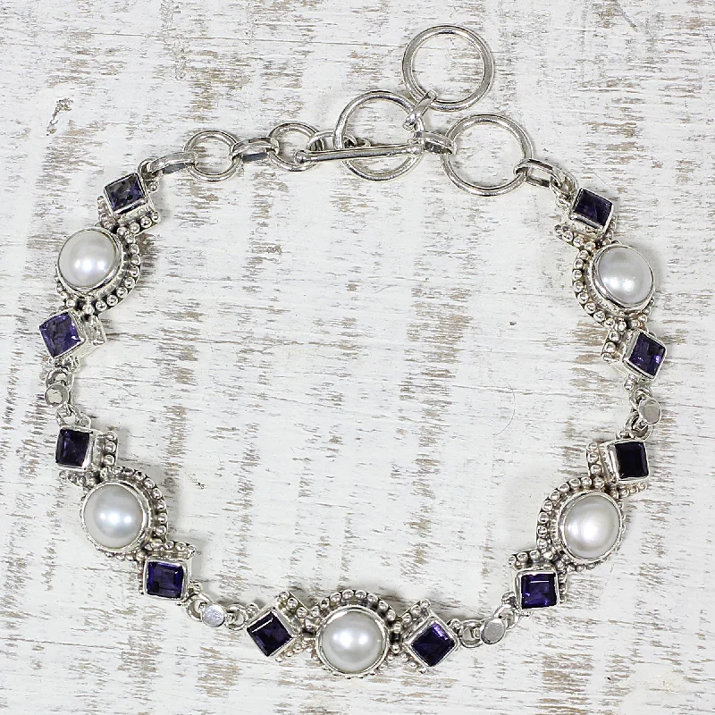 Best bangle bracelets for women with elegant gold designs for every occasion-Blue Palace Iolite and Cultured Pearl Link Bracelet from India