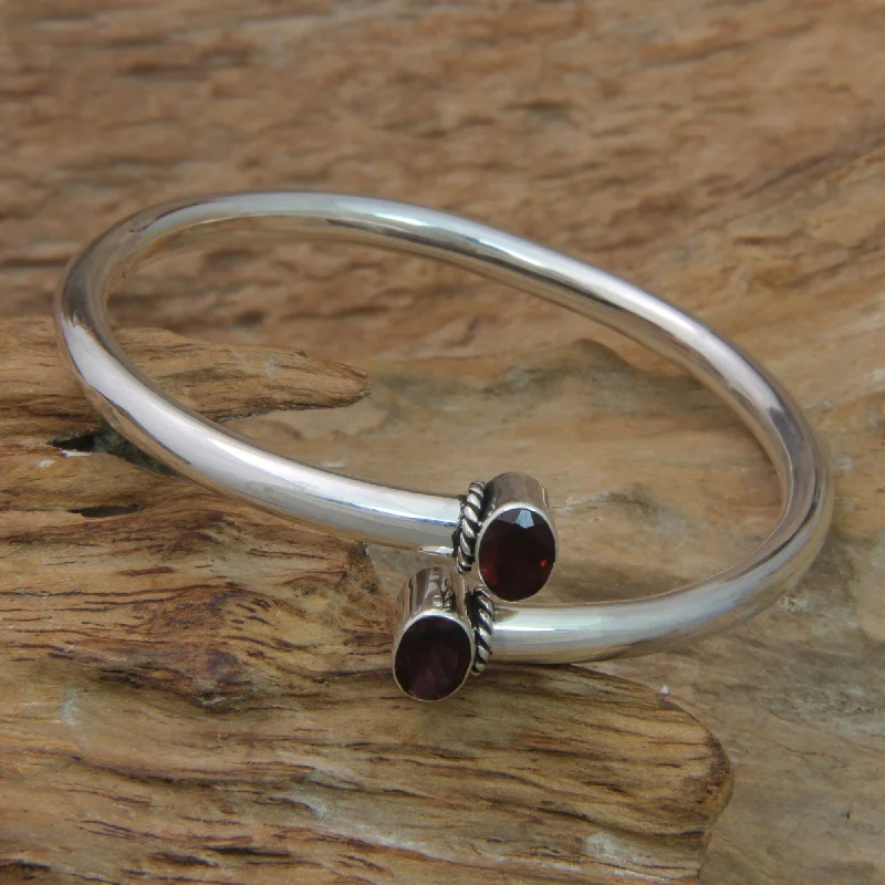 Elegant bangle bracelets with diamond-cut designs for added sparkle and elegance-Bound To You Balinese Garnet and Sterling Silver Bangle Bracelet