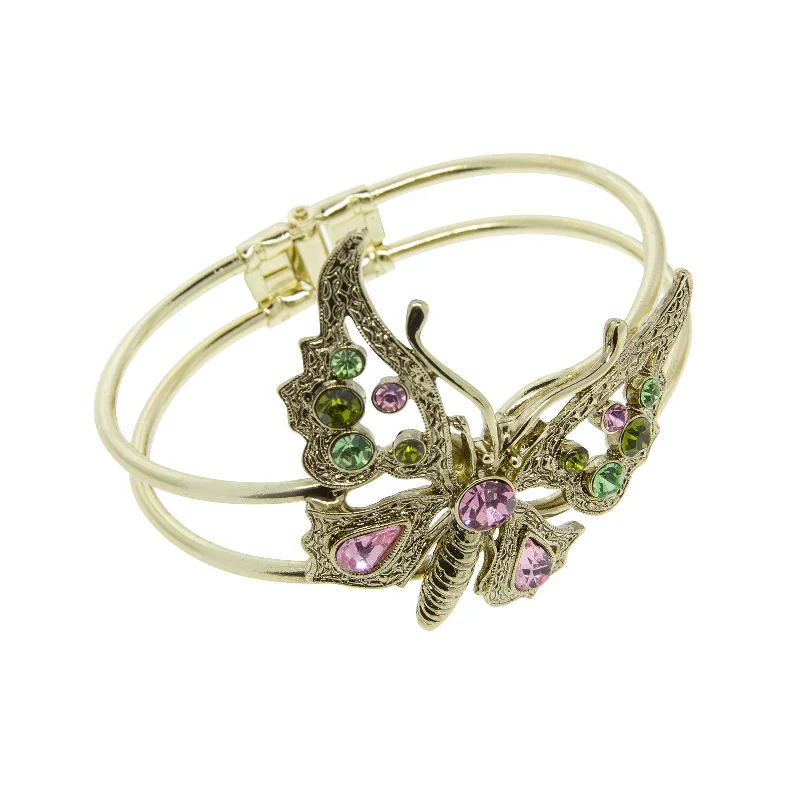 Wide bangle bracelets with boho-inspired patterns for a free-spirited design-1928 Jewelry® Brass Lt. Rose/Peridot Butterfly Hinge Cuff Bracelet