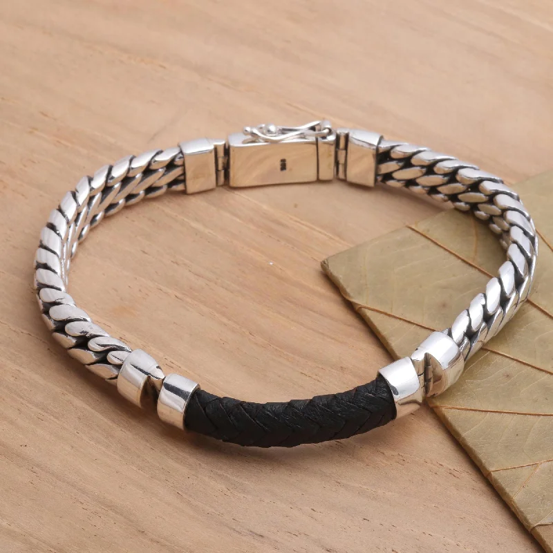 Bold bangle bracelets with textured finishes for a dynamic and modern style-Bridge in Black Polished Sterling Silver and Leather Men's Bracelet