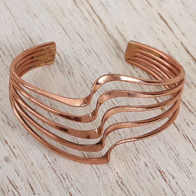 Stacked bangle bracelets with alternating textures for a dynamic, trendy look-Brilliant Waves Copper Statement Cuff Bracelet