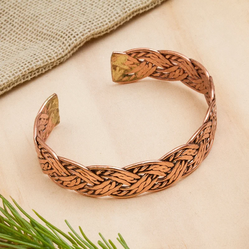 Best bangle bracelets with smooth sterling silver for a polished, refined finish-Brilliant Weave Handcrafted Braided Copper Cuff Bracelet from Mexico