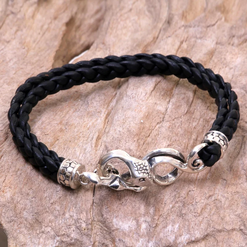 Best bangle bracelets with customizable charms for a personalized, unique piece-Cobra Men's Black Leather Bracelet with Silver Snake Clasp