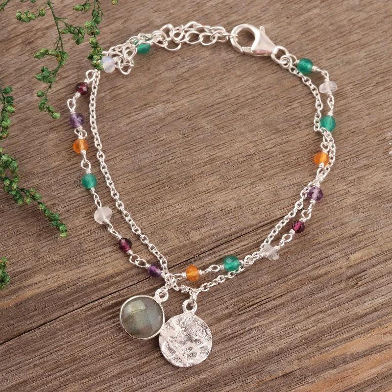 Customizable bangle bracelets with initials for a personalized, meaningful gift-Colorful Charm Multi-Gemstone Sterling Silver Bracelet from India