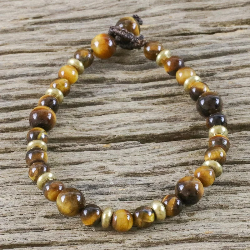 Best bangle bracelets with crystal inlays for a sparkling, glamorous appearance-Courageous Eye Hand Crafted Bead Bracelet of Tiger's Eye and Brass