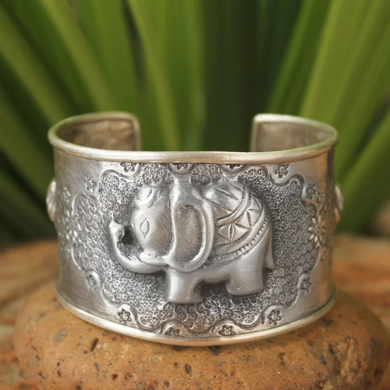 Best bangle bracelets with silver-plated finishes for an affordable and stylish accessory-Elephant Statement Cuff Sterling Silver Bracelet