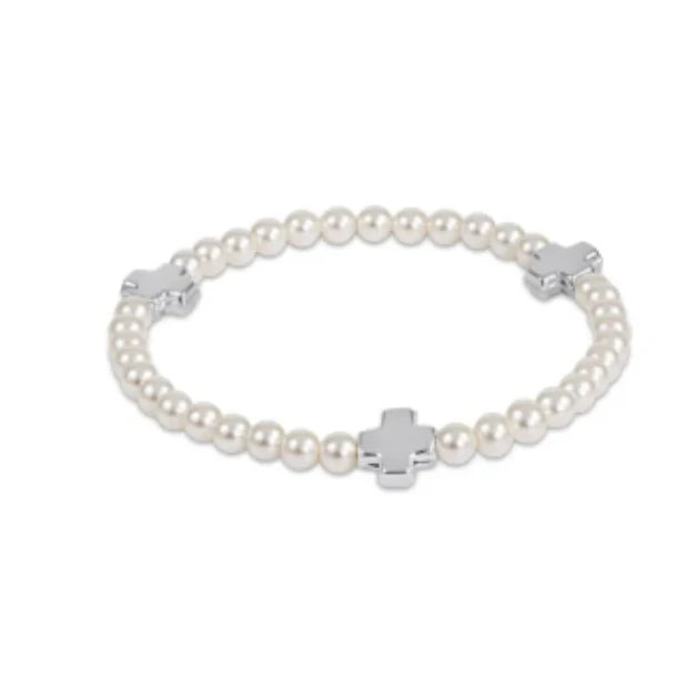 Bangle bracelets with gold and silver mixed metals for a stylish and versatile accessory-Enewton Signature Cross Pearl 4mm Bead Bracelet - Sterling