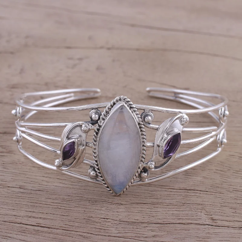 Best bangle bracelets with customizable charms for a personalized, unique piece-Feminine Glow Rainbow Moonstone and Amethyst Cuff Bracelet from India