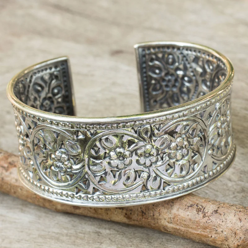 Best bangle bracelets with heart-shaped charms for a romantic and sweet touch-Floral Motif Handmade Cuff Bracelet