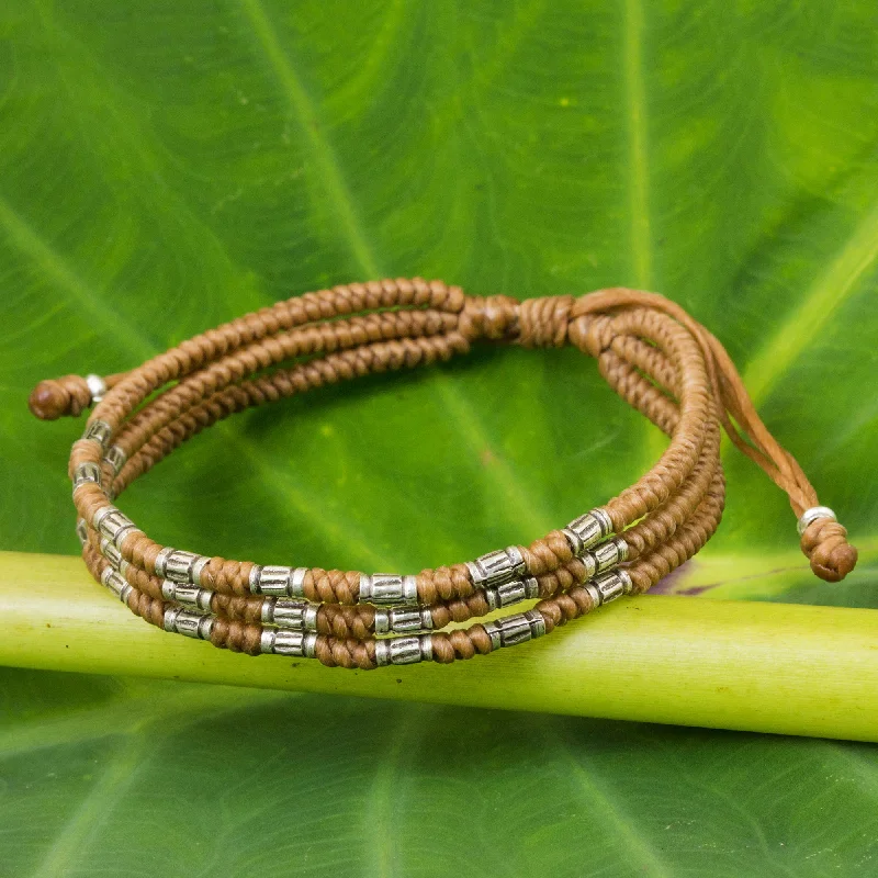 Chunky bangle bracelets with multicolored gemstones for a vibrant and playful appearance-Forest Thicket in Tan 950 Silver Accent Wristband Braided Bracelet from Thailand