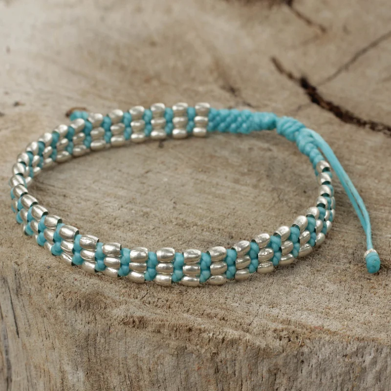 Lightweight bangle bracelets with subtle shimmer for an understated yet elegant look-Friendly Blue Light Blue Macrame Adjustable Bracelet with 950 Silver Beads