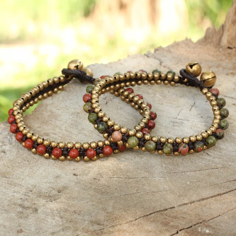 Best bangle bracelets with heart-shaped charms for a romantic and sweet touch-Happy Times Unakite & Brass Beaded Bracelet