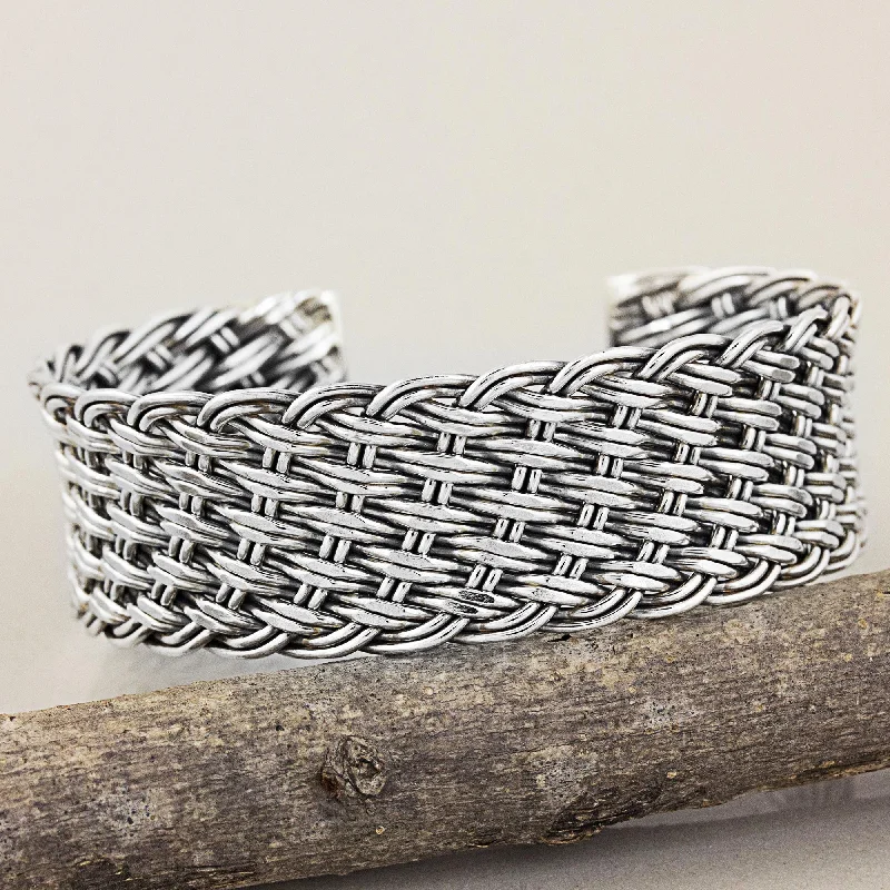 Best bangle bracelets for women with elegant gold designs for every occasion-Hill Tribe Basketweave Thai Handcrafted Woven Sterling Silver Cuff Bracelet