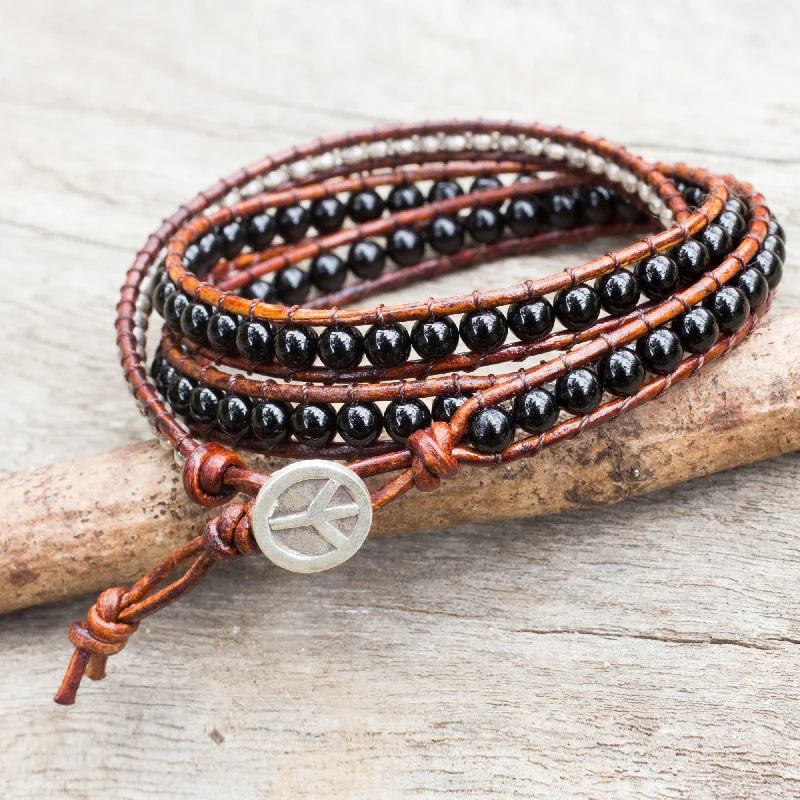 Simple gold bangle bracelets with smooth finishes for a classic and elegant style-Hill Tribe Boheme Onyx Beads on Brown Leather Wrap Bracelet from Thailand