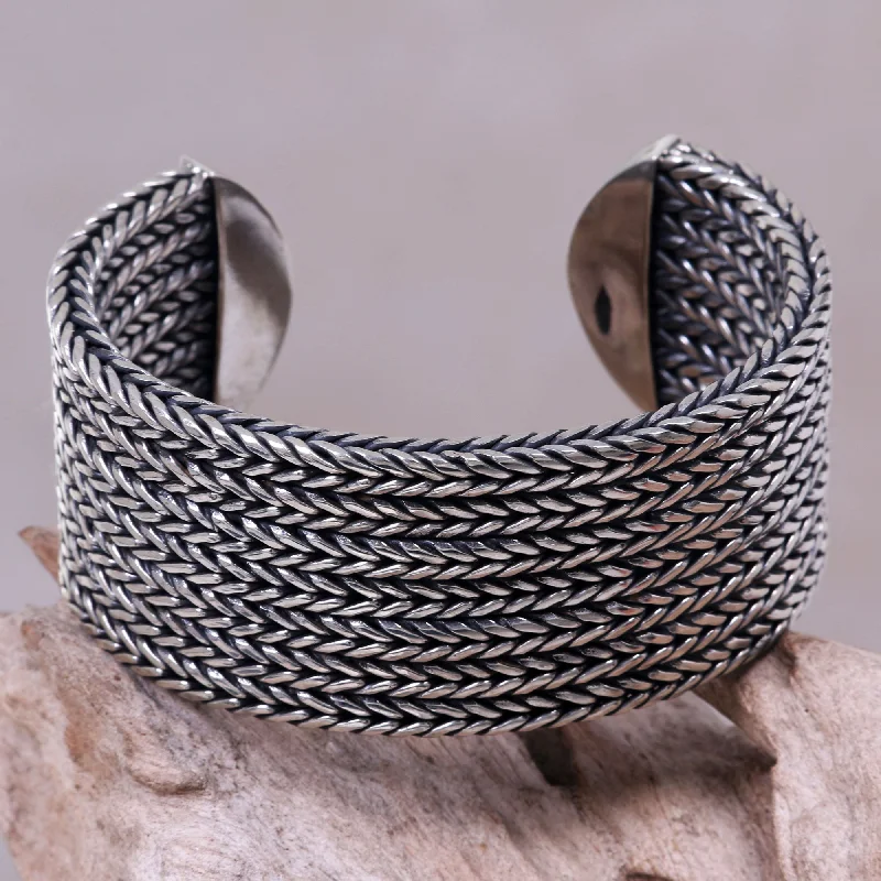 Wide bangle bracelets with modern geometric patterns for a bold fashion statement-Horseshoe Braids Wide Textured Sterling Silver Cuff Bracelet from Bali