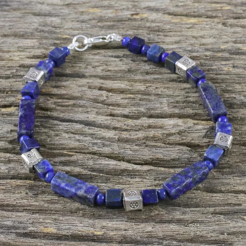 Best bangle bracelets with braided designs for a textured and sophisticated look-Indigo Dream Lapis Lazuli and Silver Beaded Bracelet from Thailand