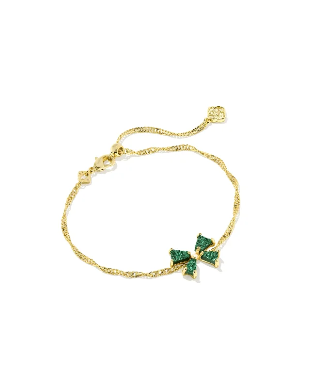 Elegant bangle bracelets with diamonds for a luxurious and sparkling accessory-Kendra Scott Blair Gold Bow Delicate Chain Bracelet in Emerald Drusy