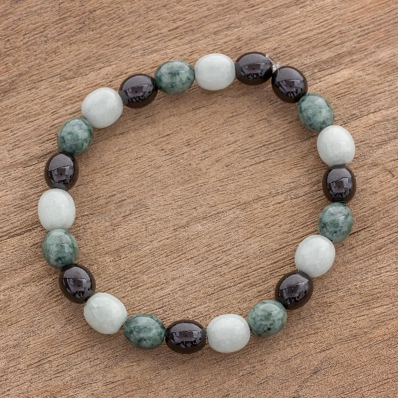 Best bangle bracelets with unique stone inlays for a one-of-a-kind accessory-Light and Shade Black Green and Pale Natural Jade Beaded Stretch Bracelet