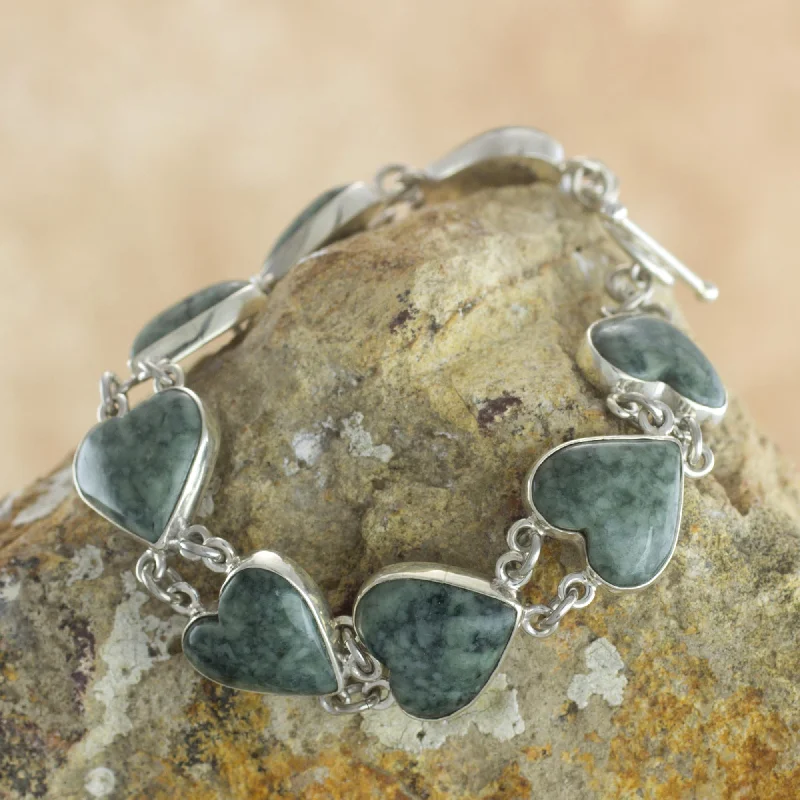 Elegant bangle bracelets with diamond-shaped stones for a sophisticated look-Love Immemorial Heart Shaped Jade Sterling Silver Link Bracelet