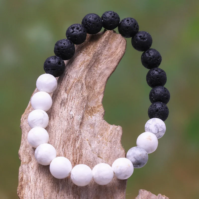 Best bangle bracelets with minimalist silver designs for a timeless, versatile look-Mesmerizing Contrast Ceramic and Lava Stone Beaded Stretch Bracelet from Bali