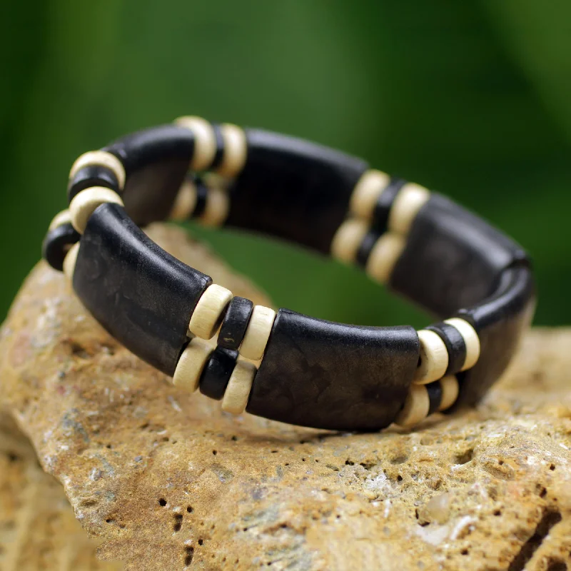 Best bangle bracelets with natural wood for a unique and earthy aesthetic-Midnight Connection Black and Cream Eco Friendly Recycled Bead and Wood Bracelet