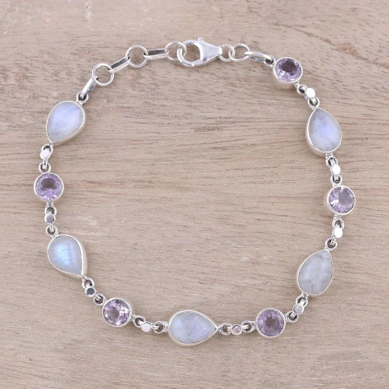 Best silver bangle bracelets with intricate detailing for a timeless and sophisticated style-Misty Lilac Handmade Amethyst Rainbow Moonstone Link Bracelet from India