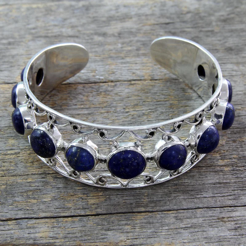 Best bangle bracelets with intricate filigree patterns for an elegant and detailed finish-Nostalgia Lapis Lazuli and Sterling Silver Cuff Bracelet from India