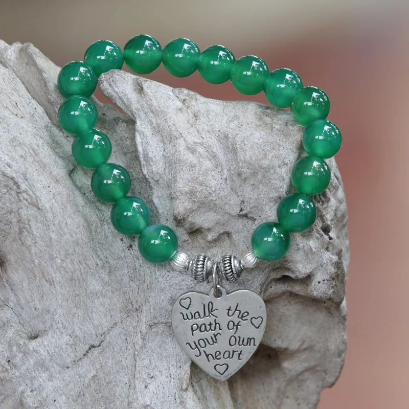 Vintage-inspired bangle bracelets with etched detailing for a timeless, antique look-Path of Love Green Agate and Heart Charm Beaded Bracelet from Bali