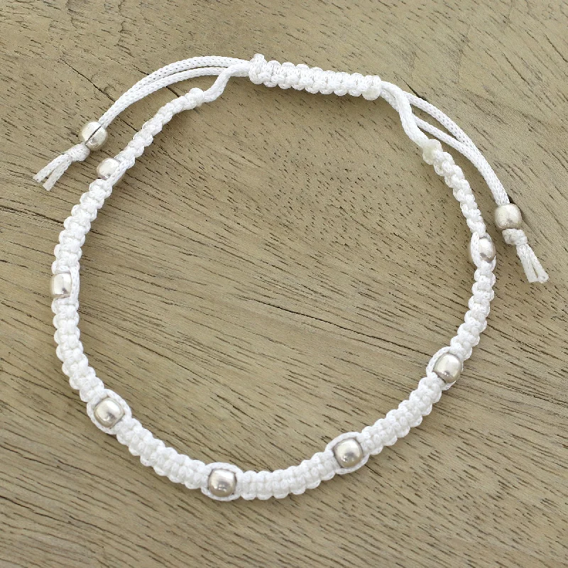 Best bangle bracelets with cubic zirconia for a dazzling and affordable alternative to diamonds-Peaceful Song in Snow White Sterling Silver Beaded Bracelet in Snow White from India