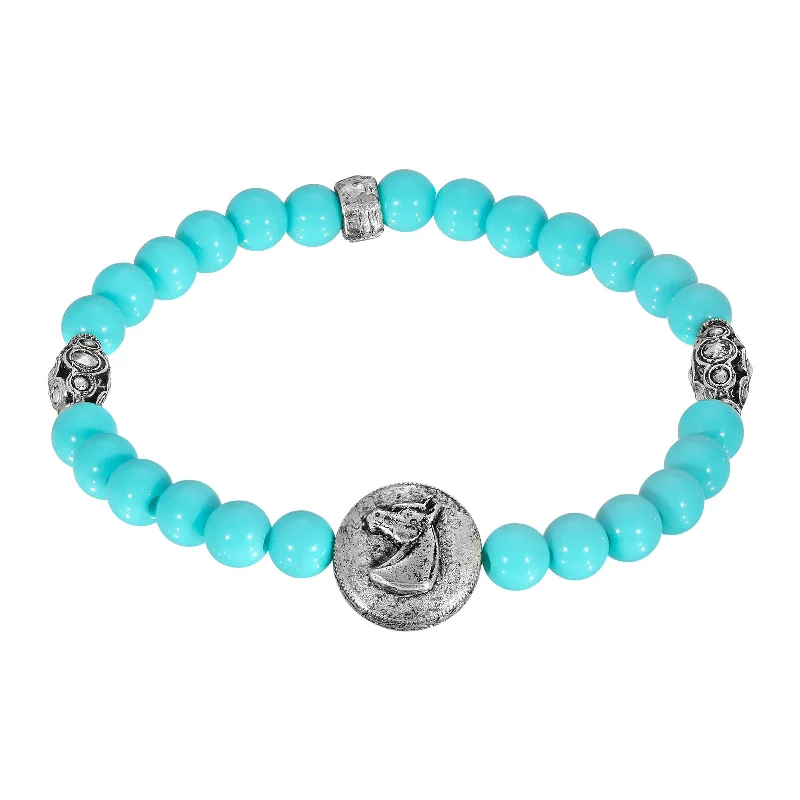 Bold bangle bracelets with mixed materials like wood, metal, and fabric-1928 Jewelry® Pewter Turquoise Color Beaded Horse Stretch Bracelet