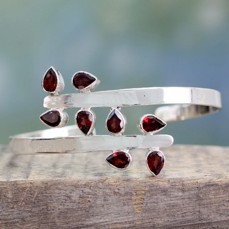 Best bangle bracelets with intricate filigree work for an artisanal, vintage vibe-Red Forest Fern Garnet & Silver Cuff Bracelet