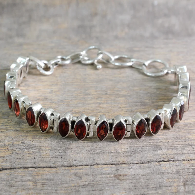 Best bangle bracelets with gold-plated finishes for an affordable luxury option-Red Marquise Garnet and Silver Tennis Bracelet Handcrafted in India