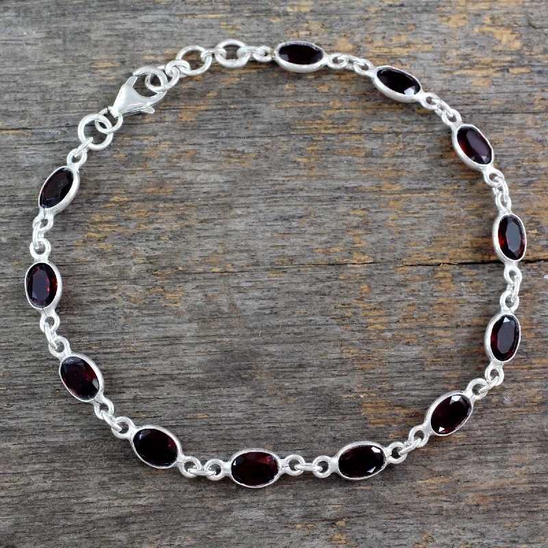 Bangle bracelets with braided leather straps for a chic, rustic vibe-Romantic Red Garnet Silver Tennis Bracelet