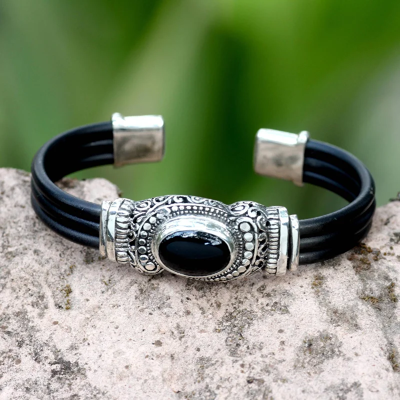 Best bangle bracelets with adjustable sizes for a comfortable and perfect fit-Royal Splendor Onyx Silver & Rubber Cuff Bracelet