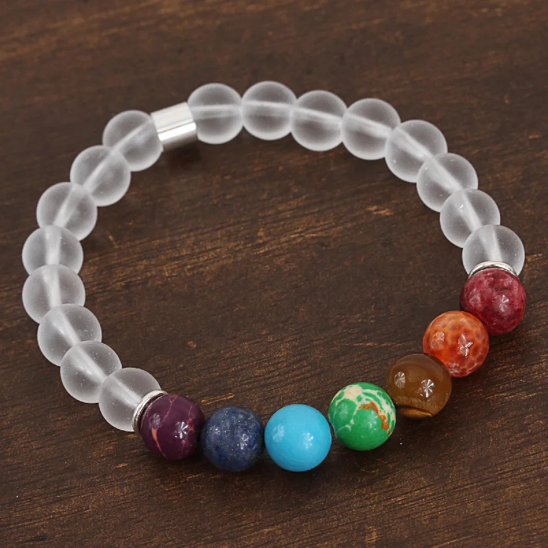 Stylish bangle bracelets with gemstone accents for a chic and modern look-Seven Chakras in White Agate and Tiger's Eye Chakra Bracelet in White from Mexico