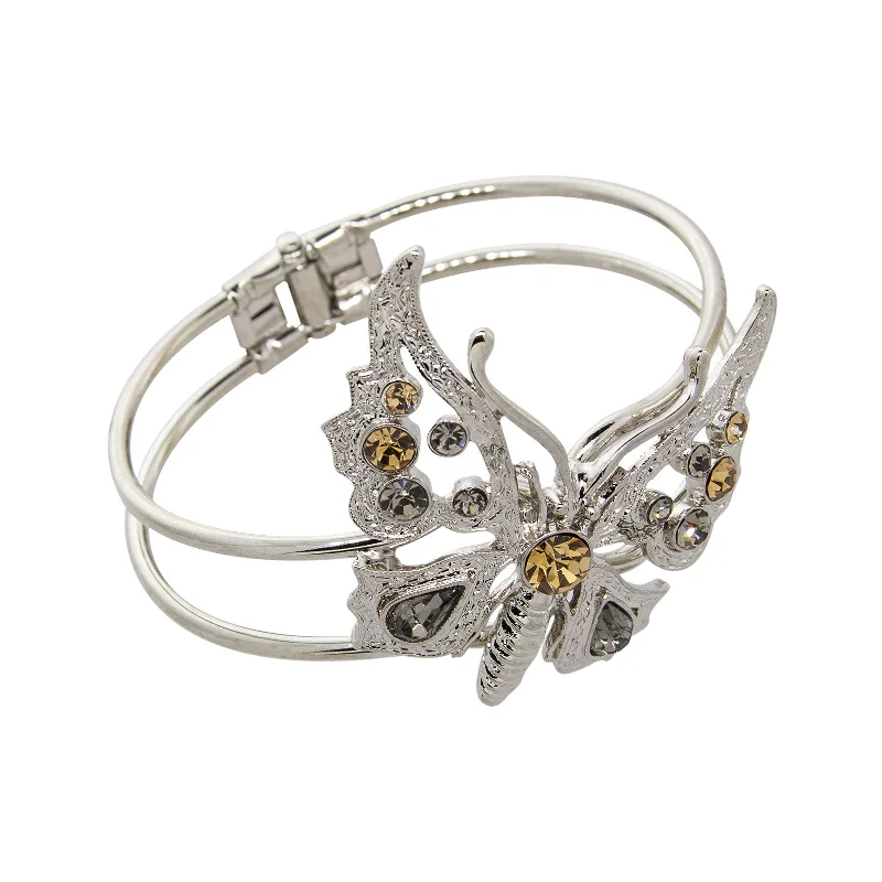 Best bangle bracelets with Swarovski crystals for a touch of sparkle and elegance-1928 Jewelry® Silver-Tone Lt. Topaz And Black Diamond Crystal Butterfly Hinge Cuff Bracelet