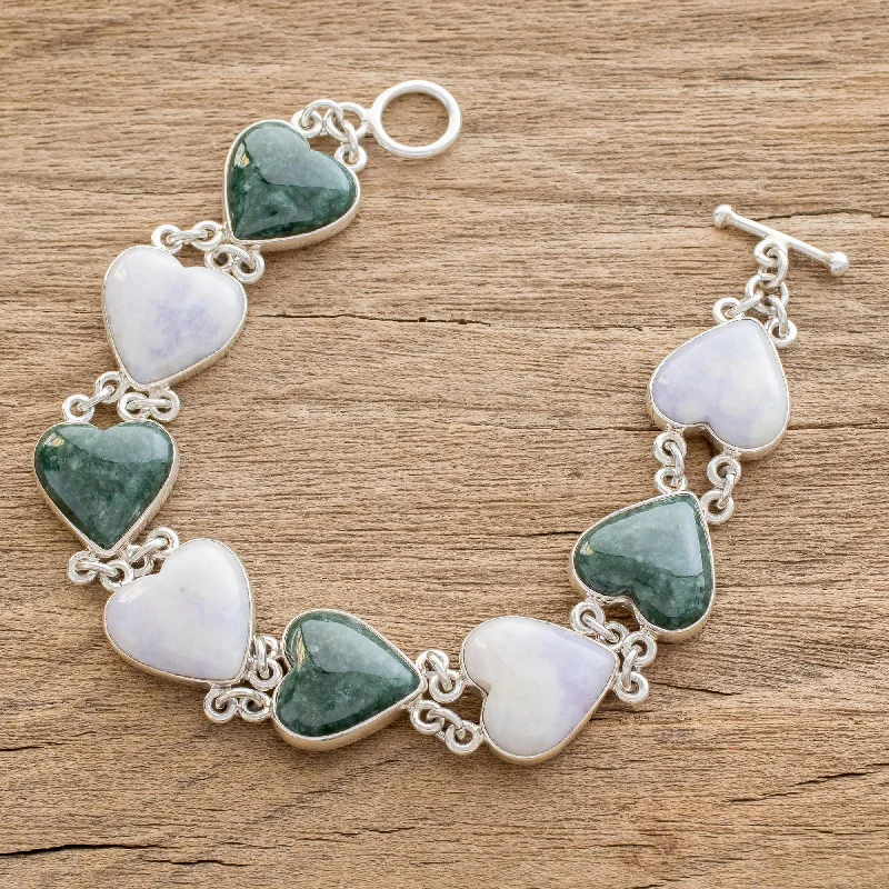 Vintage-inspired bangle bracelets with etched detailing for a timeless, antique look-Soul Mates Handcrafted Heart Shaped Sterling Silver Link Jade Bracelet