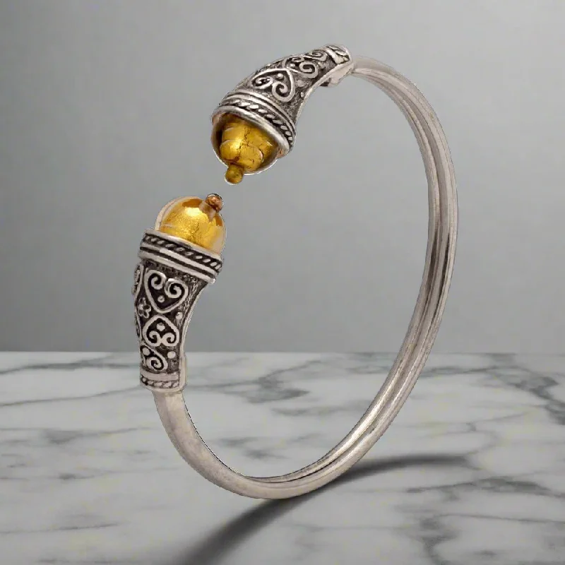 Vintage bangle bracelets with floral inlays for a romantic and retro design-Spiral Cuff Bracelet in sterling silver with glass gold foil stone (B-115)