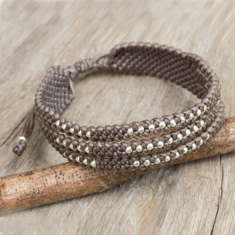 Best bangle bracelets with twisted rope designs for a textured, nautical-inspired look-Starlight and Khaki Wristband Bracelet in Macrame with Silver 950 Beads