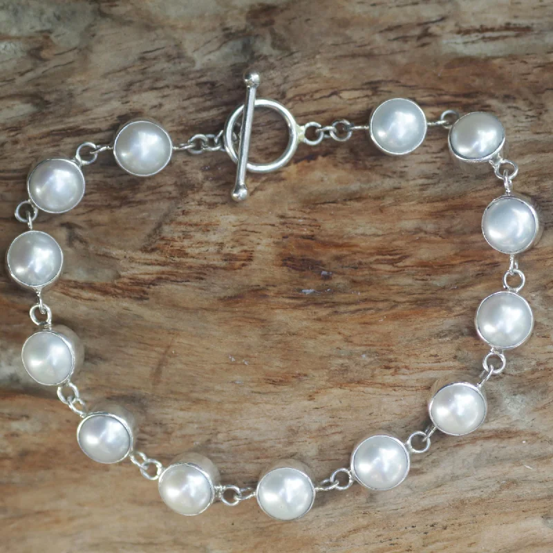 Bangle bracelets with open-ended designs for a modern and adjustable fit-Sterling Contrasts Freshwater Pearl Bridal Bracelet