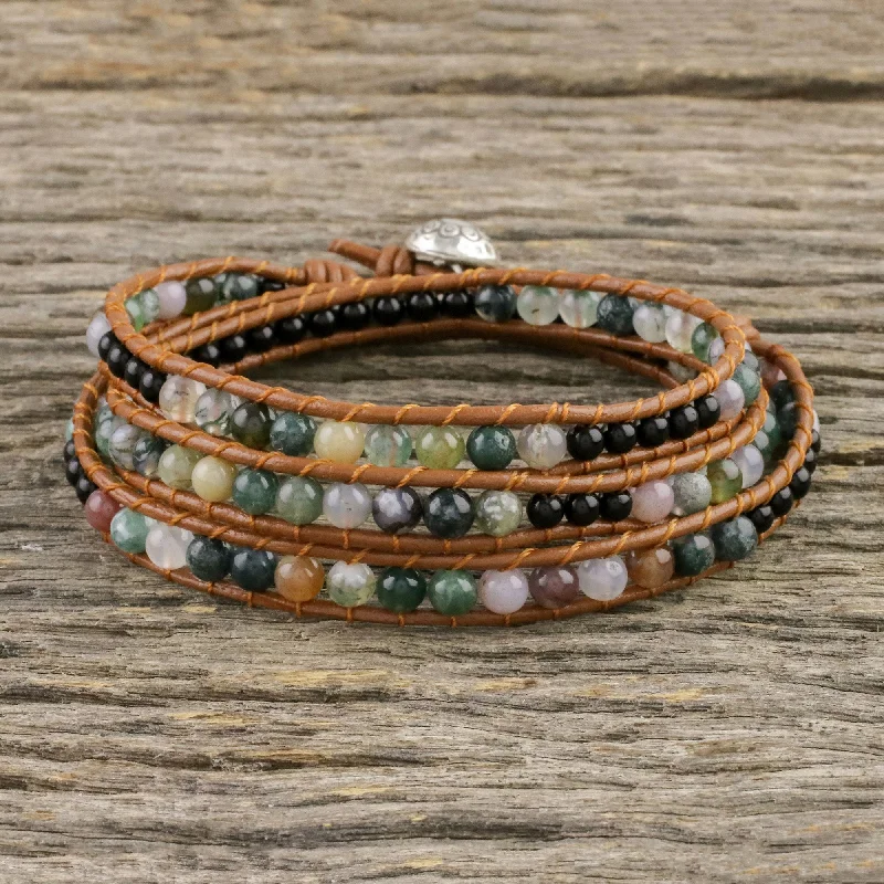 Bangle bracelets with hand-painted designs for an artistic and colorful look-Sunset Fields Moss Agate and Onyx Beaded Leather Cord Wrap Bracelet