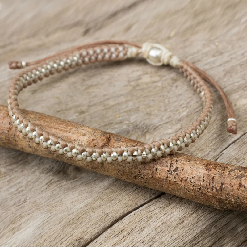 Best bangle bracelets with stacked designs for a trendy and fashionable look-Tan Ivory Progression Macrame Bracelet in Tan and Ivory with Hill Tribe Silver