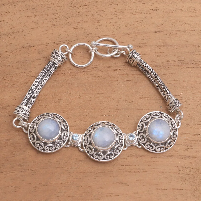 Bangle bracelets with gold and silver mixed metals for a stylish and versatile accessory-Temple Roof Rainbow Moonstone and Blue Topaz Pendant Bracelet