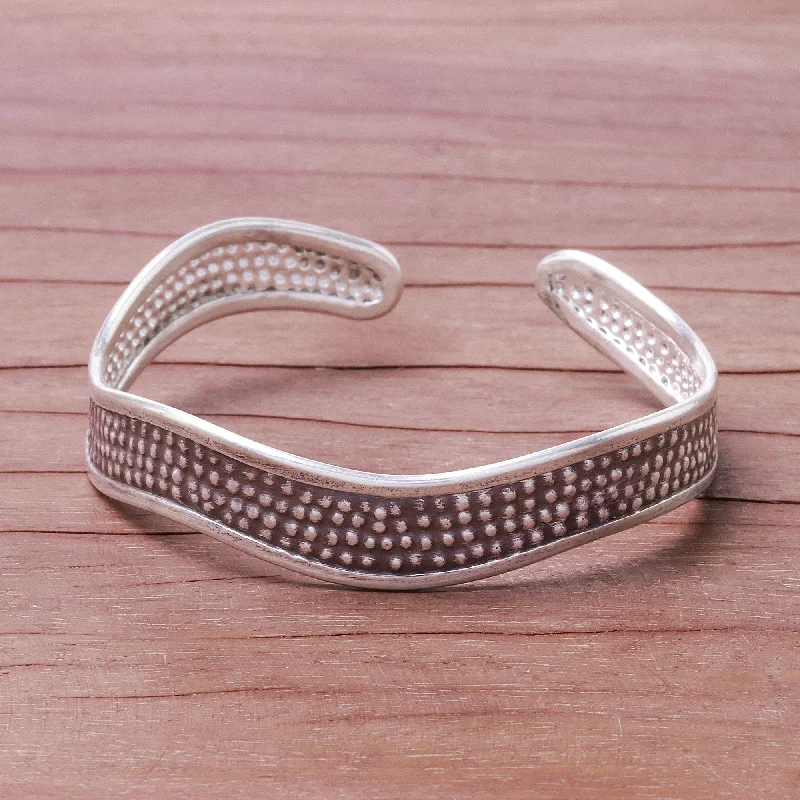 Bangle bracelets with open-ended designs for a modern and adjustable fit-Texture Wave Handcrafted Karen Silver Textured Wave Cuff Bracelet