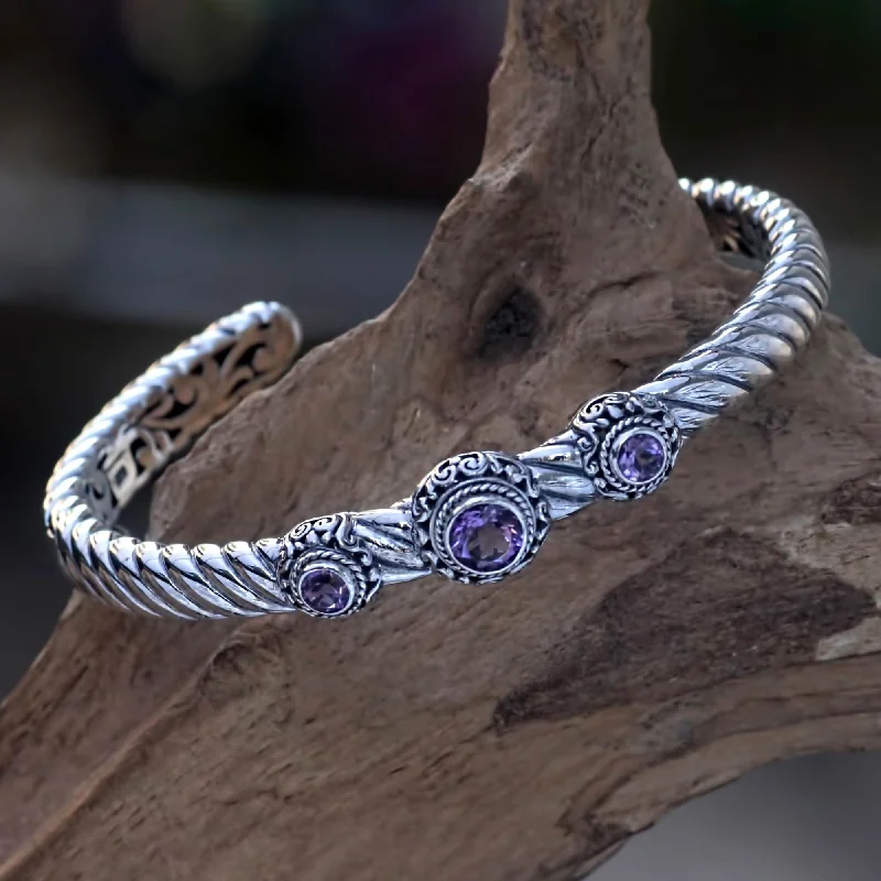 Best bangle bracelets with clear acrylic for a modern, transparent design-Triple Crown in Purple Amethyst and Sterling Silver Cuff Bracelet from Bali